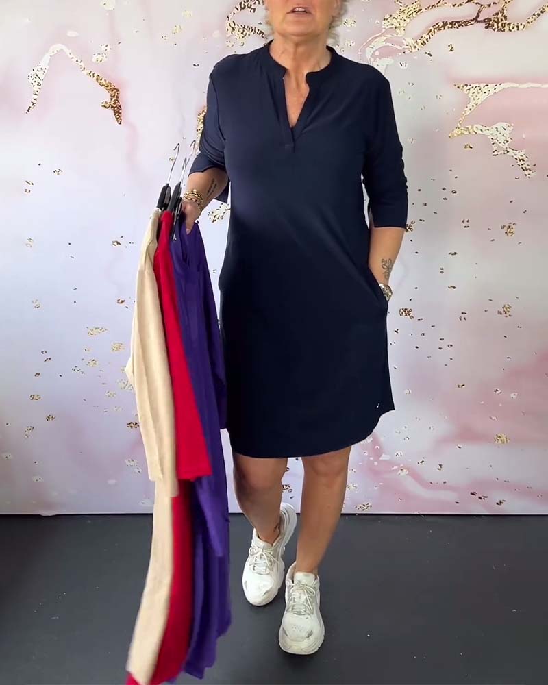Women's V-neck midi dress with convertible sleeves, perfect for versatile casual, travel, or office wear.