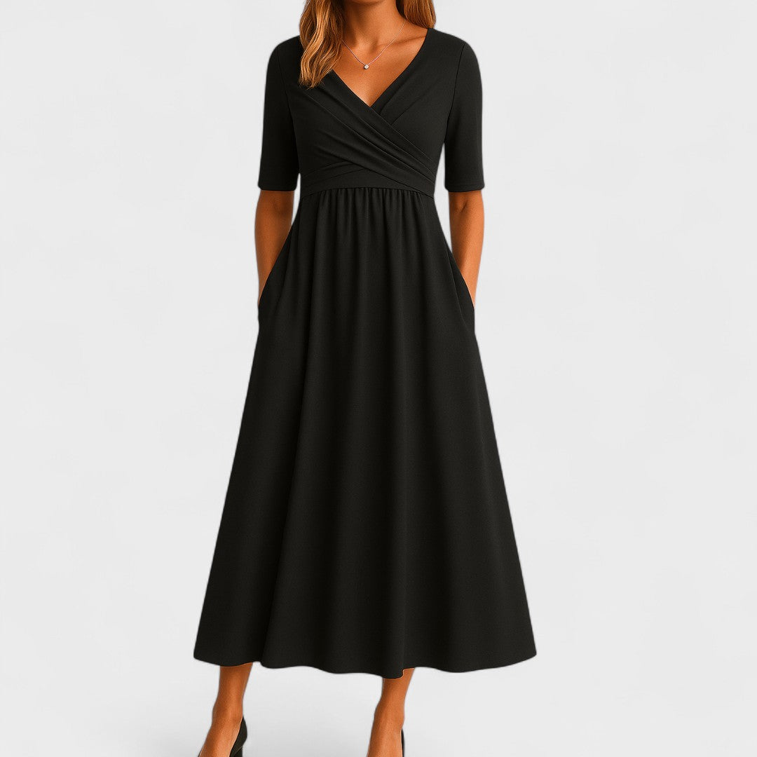 Women's V-Neck Midi Dress with elegant crossover waist, perfect for versatile everyday wear.