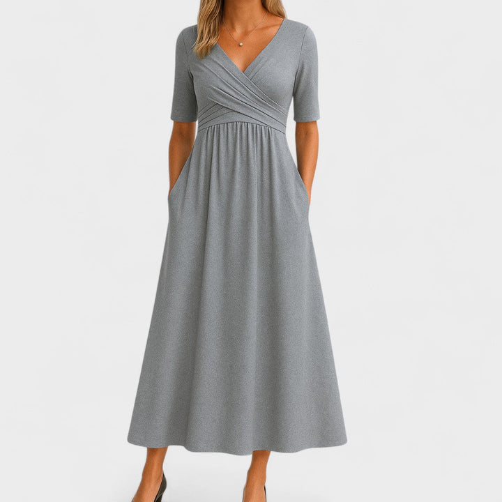 Elegant women's V-Neck Midi Dress, versatile for work, casual outings, or special occasions.