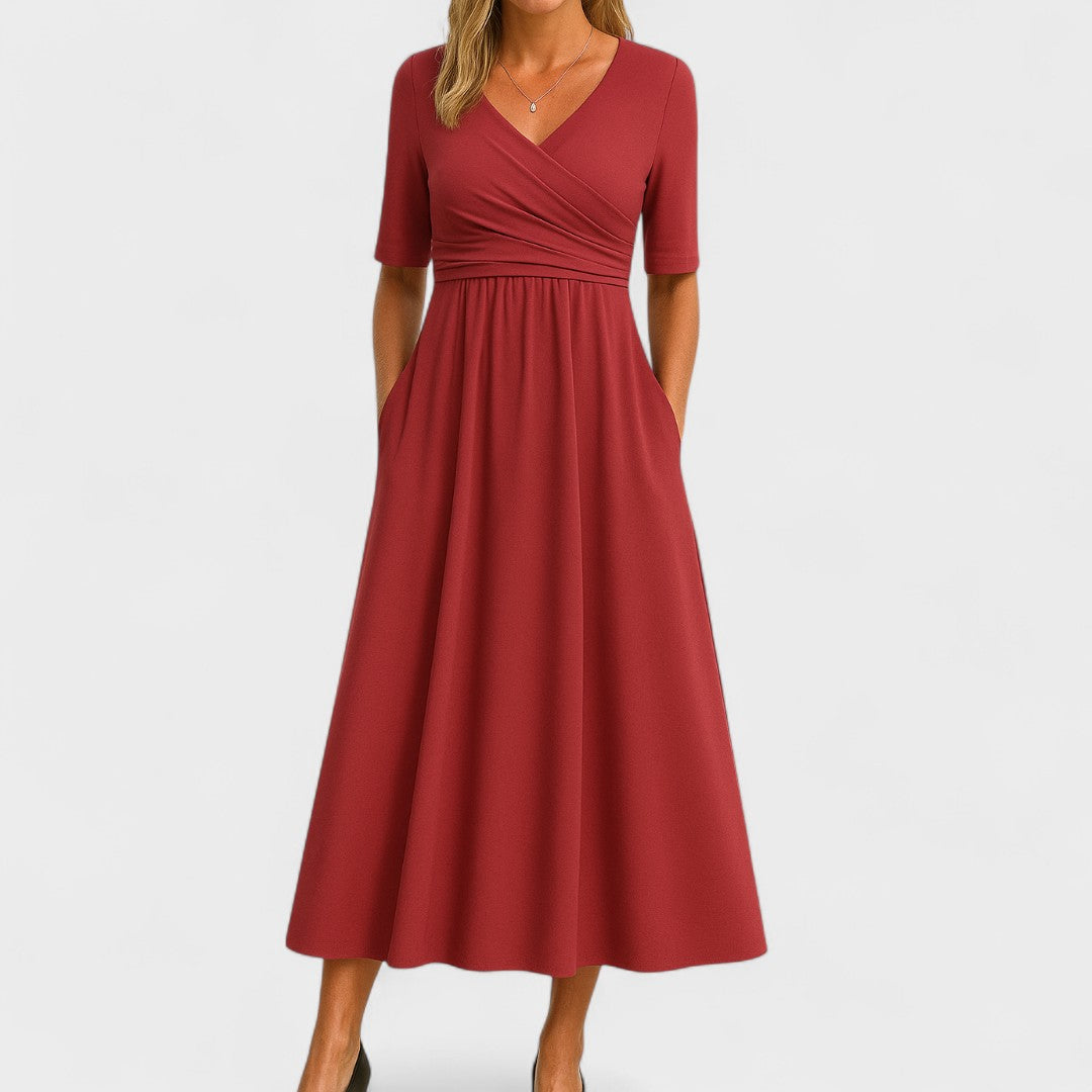 Stylish women's V-Neck Midi Dress showcasing a unique crossover waist design and practical pockets.