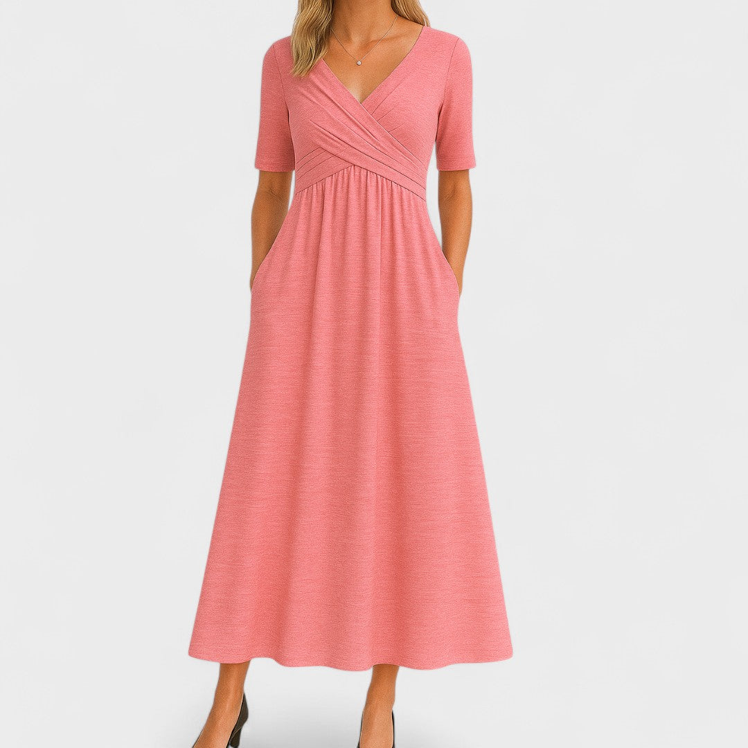 Versatile women's V-Neck Midi Dress, ideal for casual, work or elegant events, with a crossover waist.