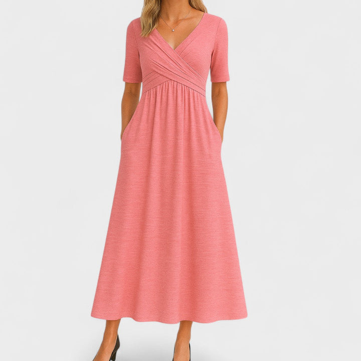 Versatile women's V-Neck Midi Dress, ideal for casual, work or elegant events, with a crossover waist.