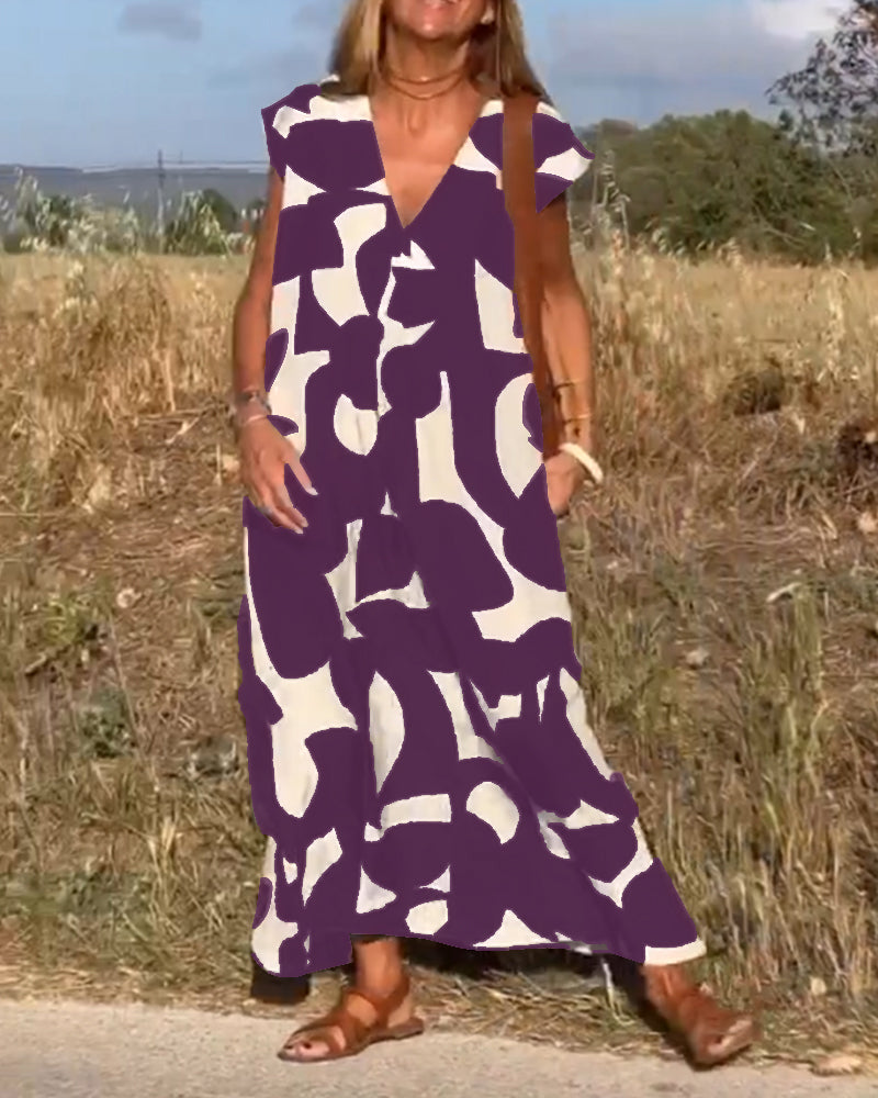 Flowy V-Neck Printed Maxi Dress, designed for women seeking effortless spring style and comfort.