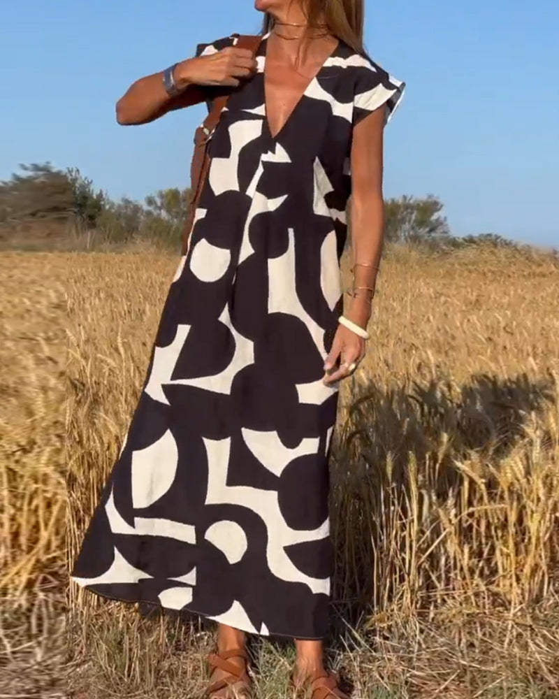 Comfortable A-line V-Neck Maxi Dress, a versatile casual summer outfit with short sleeves.