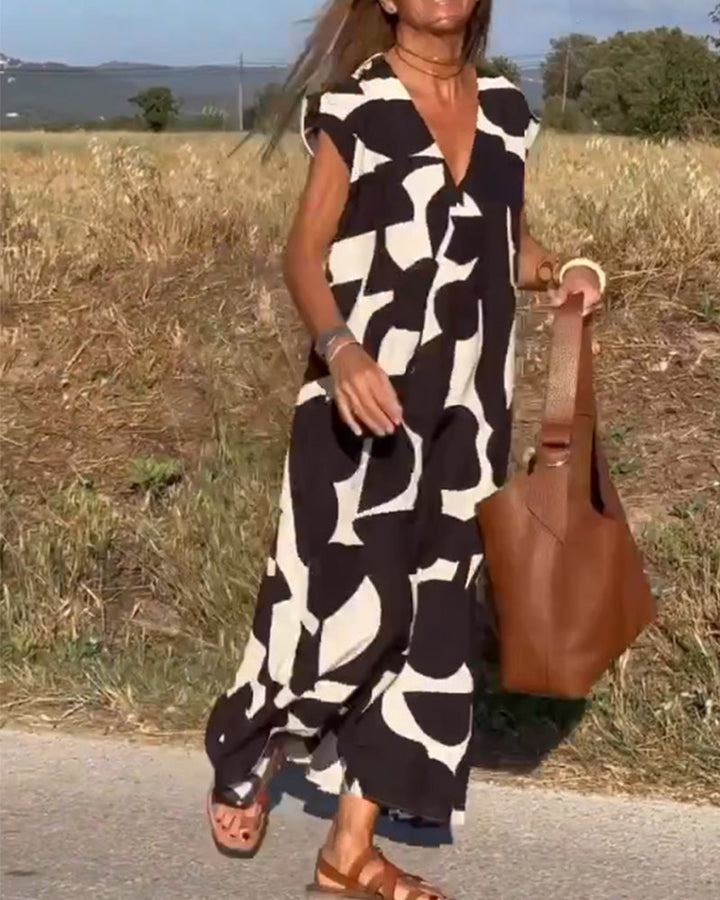 Printed V-Neck Maxi Dress, a comfortable and chic option for summer occasions and events.
