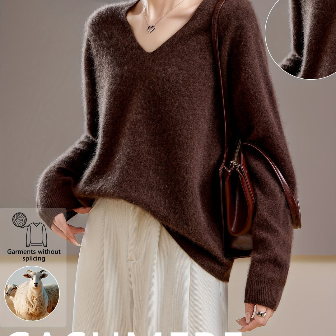 Comfortable women's V-neck pullover sweater for elegant office autumn style.