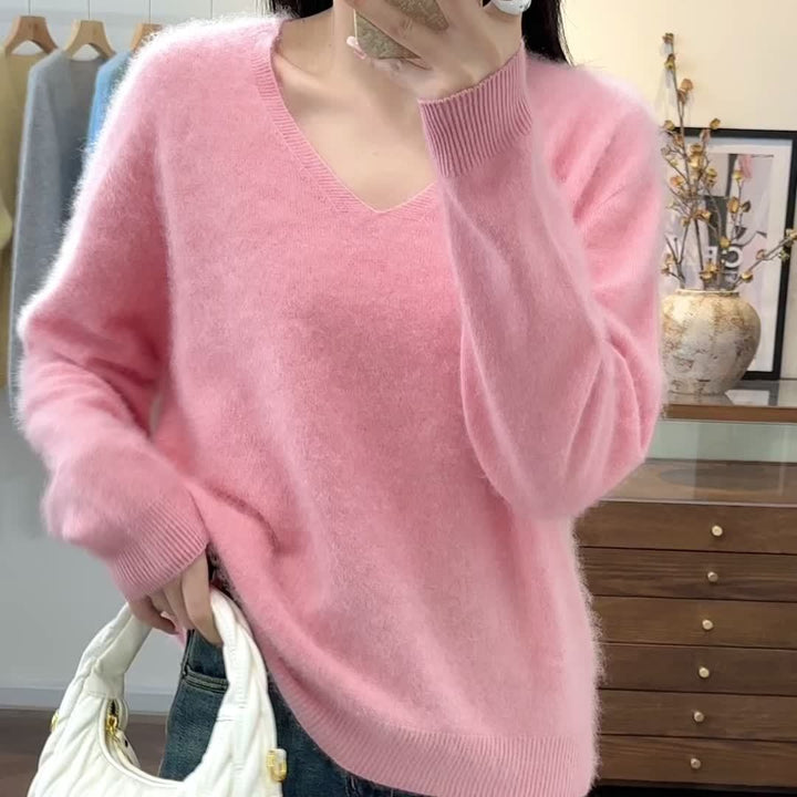Casual warm women's V-neck pullover sweater, ideal for relaxed autumn wear.