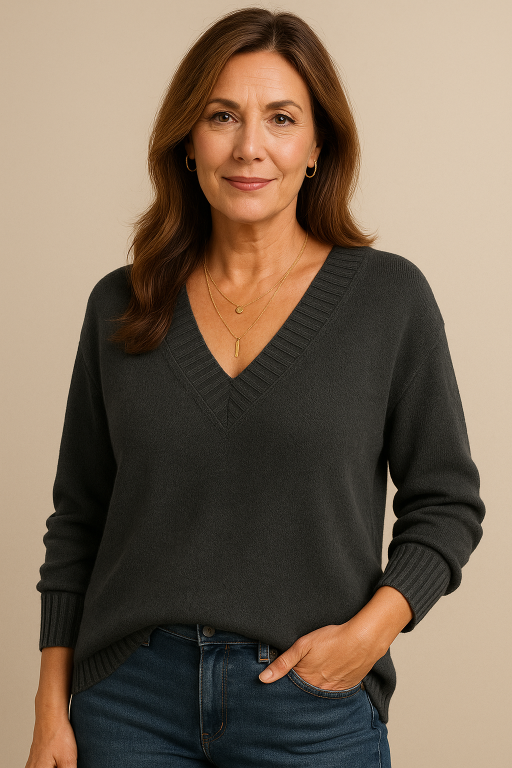 Comfortable long sleeve V-neck women's sweater, ribbed knit, relaxed for everyday fashion.