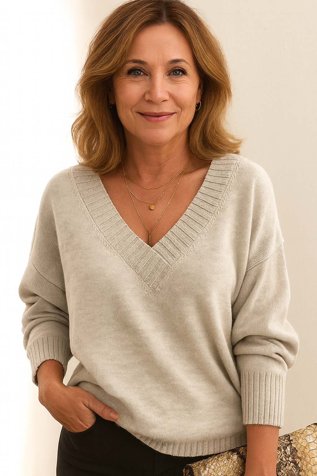 Women's V-neck sweater, ribbed long sleeve, relaxed fit, great for casual winter days.