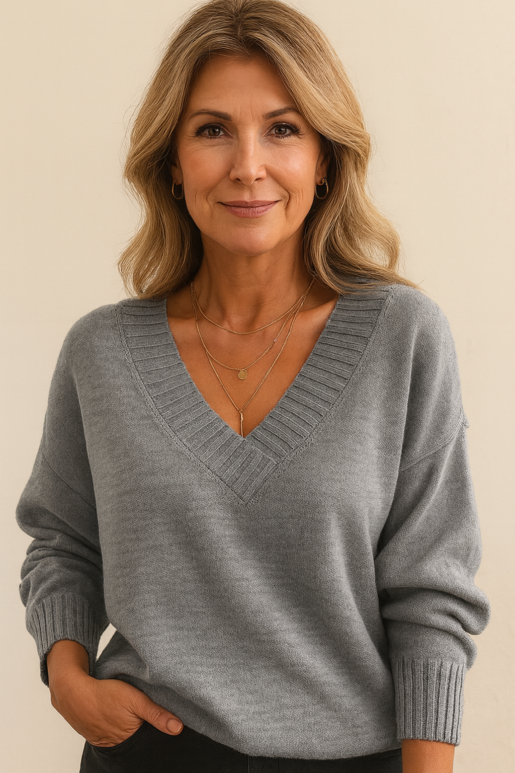 Comfortable women's pullover V-neck sweater with ribbed long sleeves, everyday casual look.