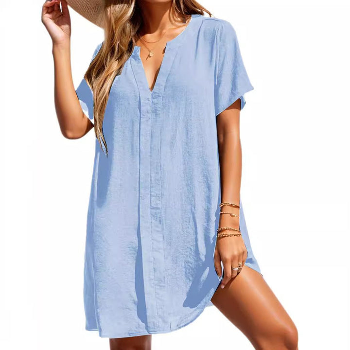 Versatile women's V-neck short sleeve tunic dress, perfect for beach or everyday.