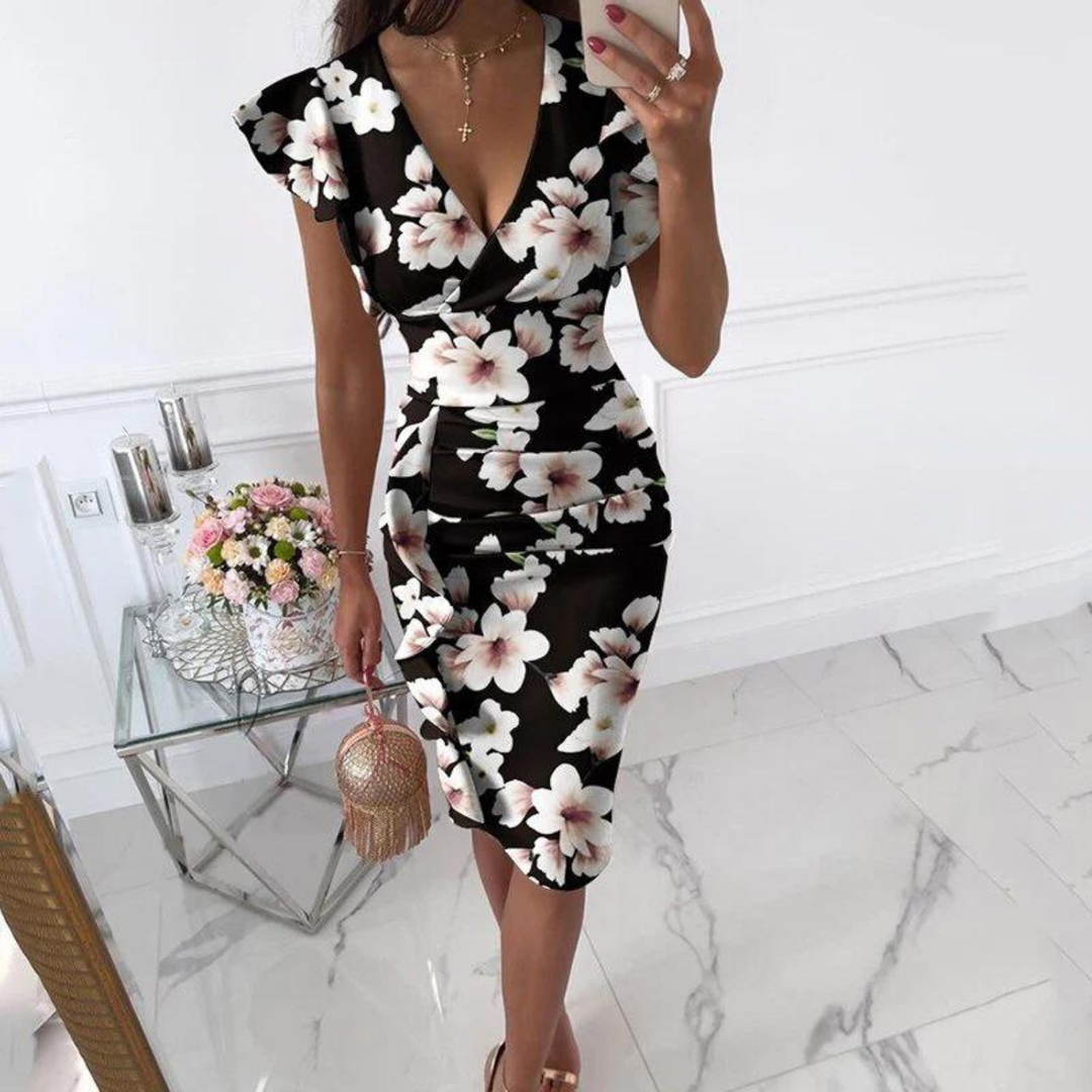 Women's V-neck summer midi dress with fitted design in polyester blend, perfect for vacation.