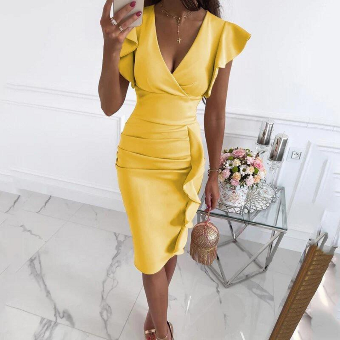 Elegant women's short sleeve V-neck midi dress, fitted for summer casual wear.