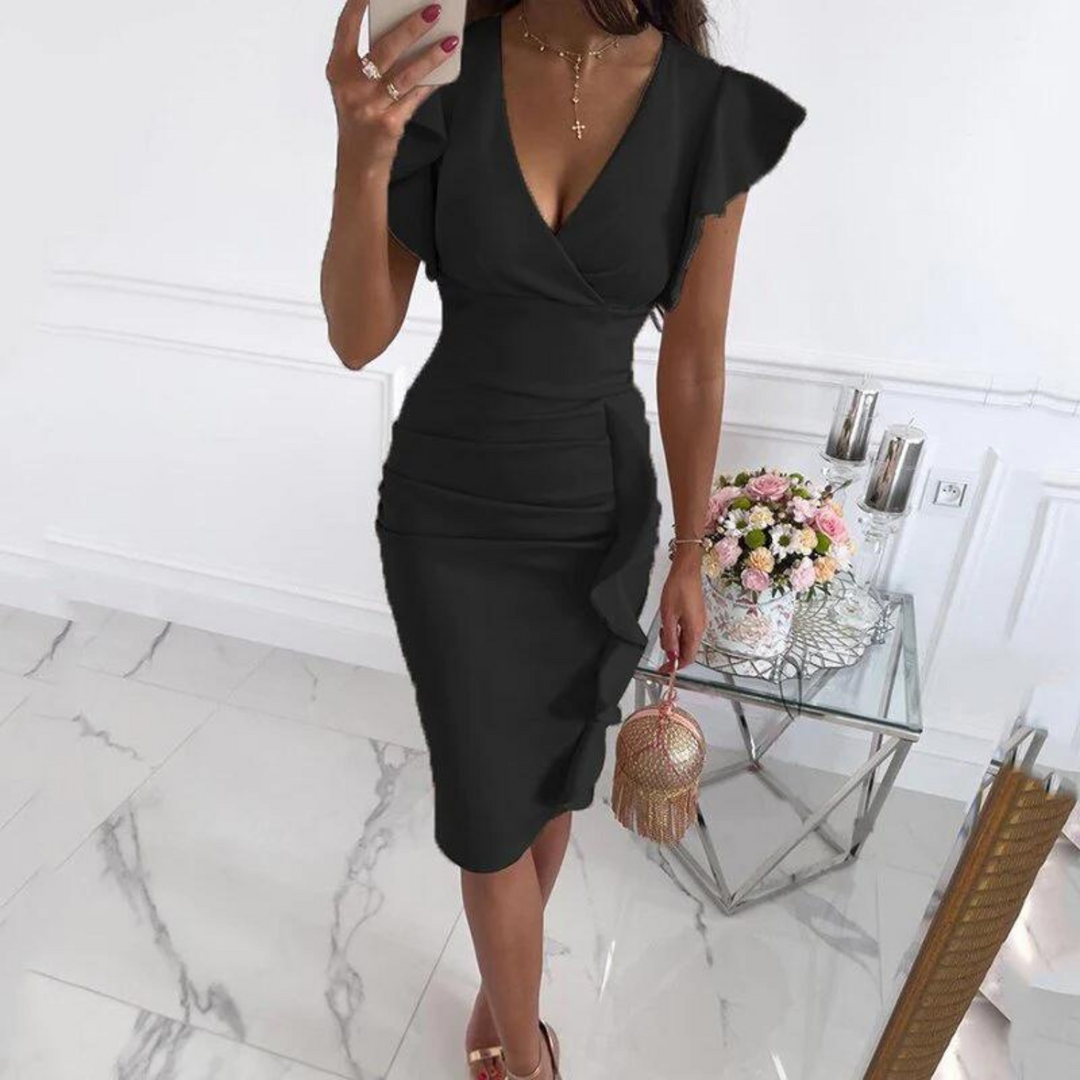 Fitted V-neck summer dress for women, a stylish polyester blend midi perfect for everyday.