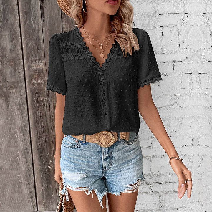 Light & airy women's Swiss dot V-neck top with beautiful lace trim. A comfortable, textured spring blouse.