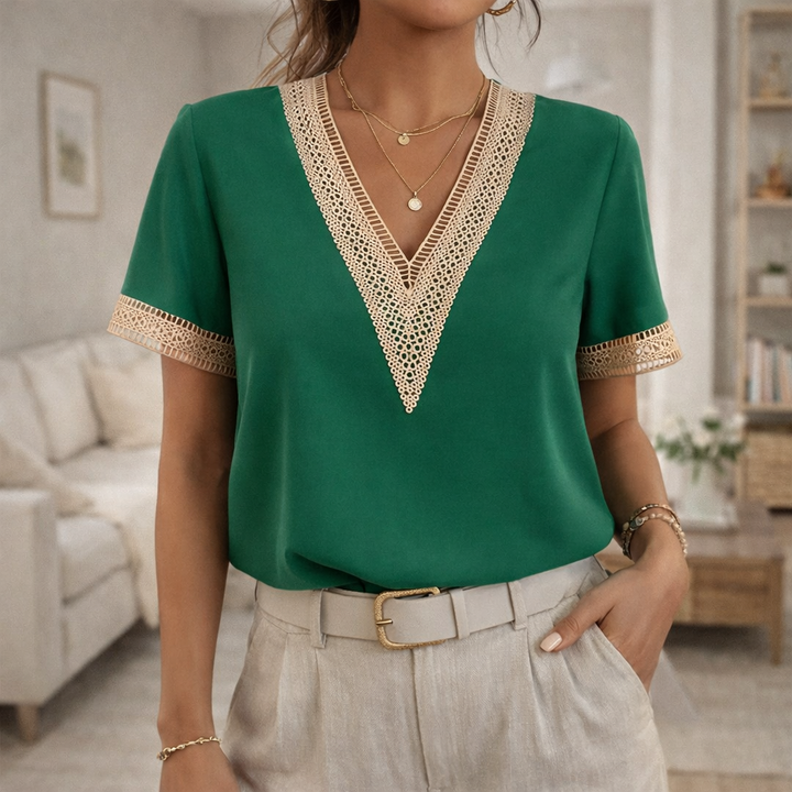 Casual women's V-neck top, short sleeve, with elegant lace trim; versatile for summer fashion & everyday wear.