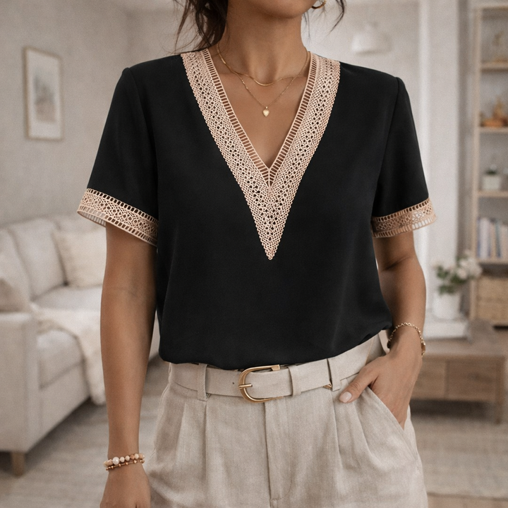 Soft & comfortable V-neck top for women, detailed with elegant lace trim, a relaxed fit summer fashion blouse.