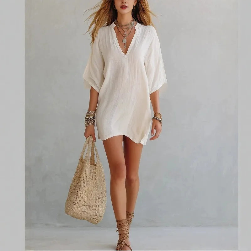 Oversized relaxed fit V-neck mini dress, a versatile women's tunic for casual summer fashion.