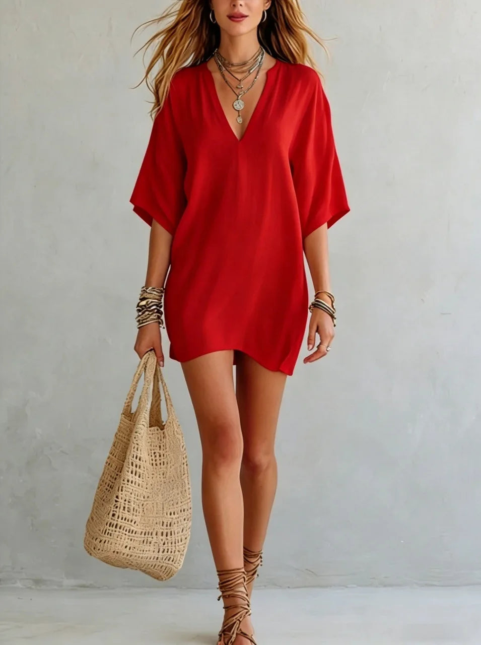Stylish V-neck mini tunic dress for women, featuring a relaxed fit, great for summer, beach, or resort.