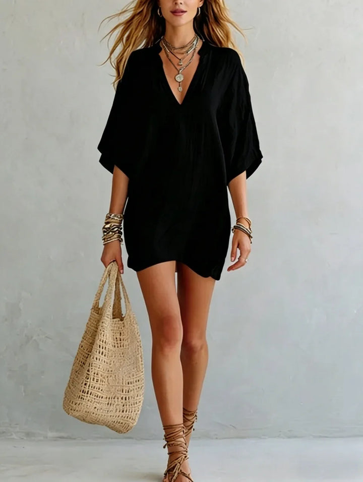 Lightweight V-neck mini tunic dress for women, a breezy oversized summer dress perfect for vacation.