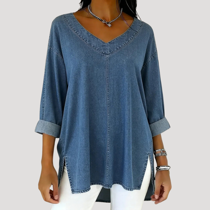 Women's V-Neck Tunic Top with Elbow Sleeves, side slits, & relaxed fit. Ideal for casual, everyday style.
