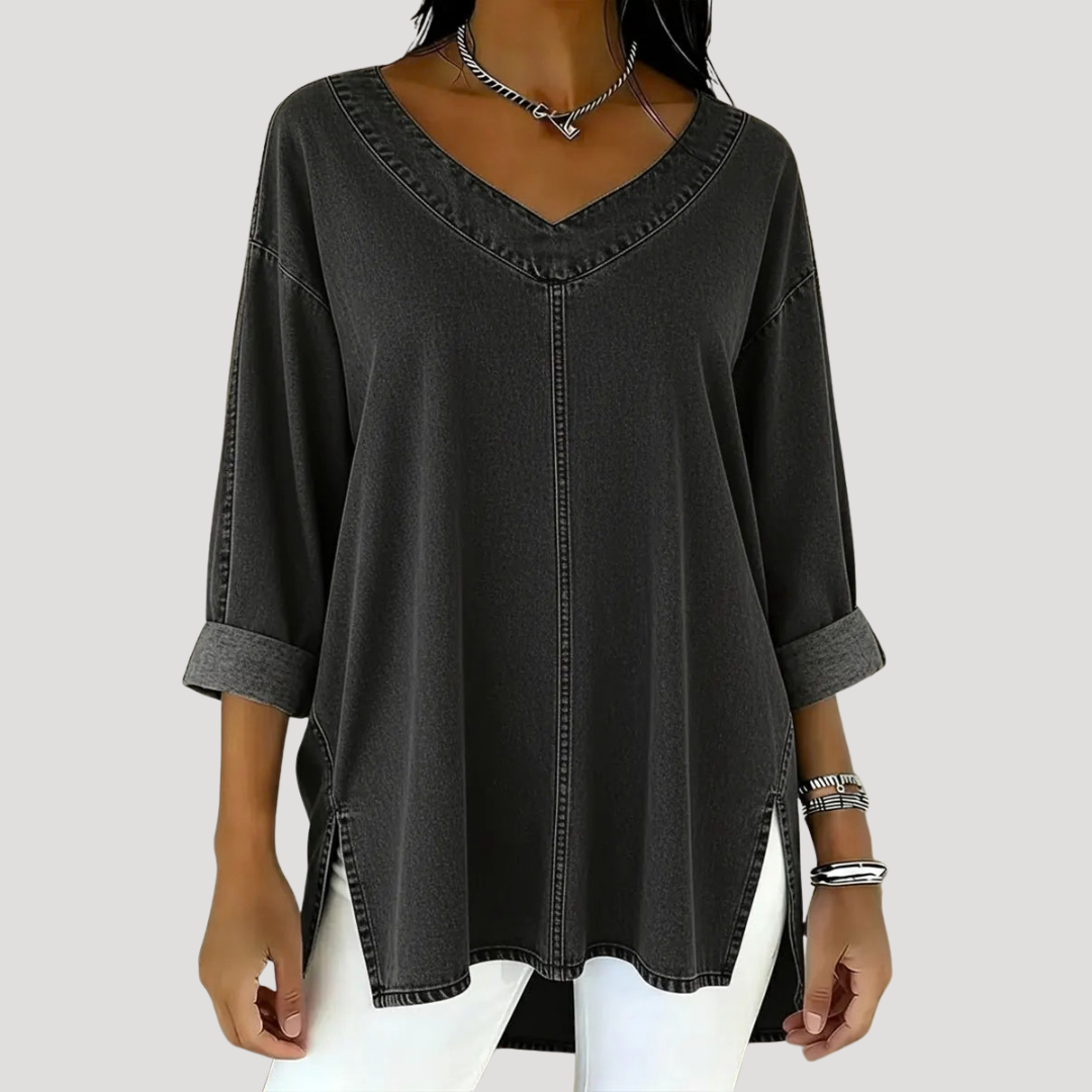Comfortable women's V-neck tunic top with elbow sleeves. Relaxed fit & versatile for everyday casual wear.