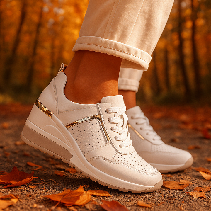 Woman walking in Valden Rise cushioned comfort sneakers, perfect for active, casual daily wear & support.