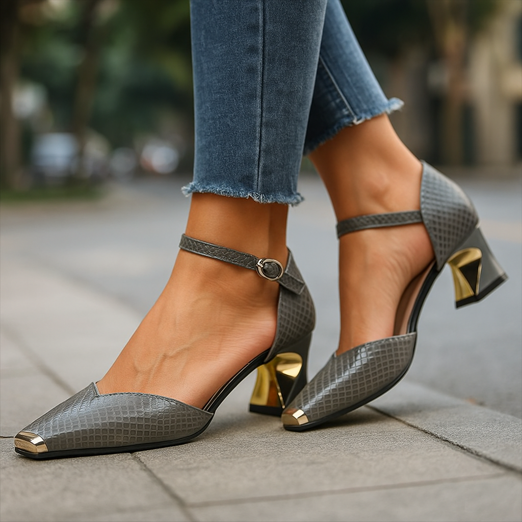 Elegant Women's Valencia block heels. Gold metal tip, chic croc texture & secure ankle strap. Fashion footwear.
