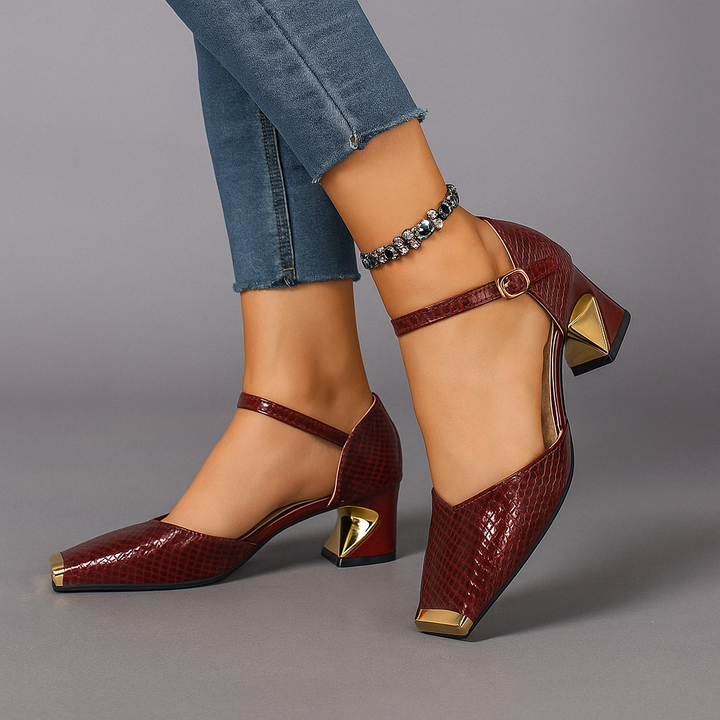 Chic Women's Valencia metal-tip block heels. Elegant croc texture & ankle strap, ideal for parties & dress wear.
