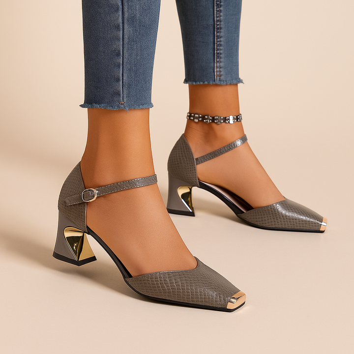 Women's Valencia fashion heels. Block heel, metallic tip, croc-embossed texture, secure ankle strap.