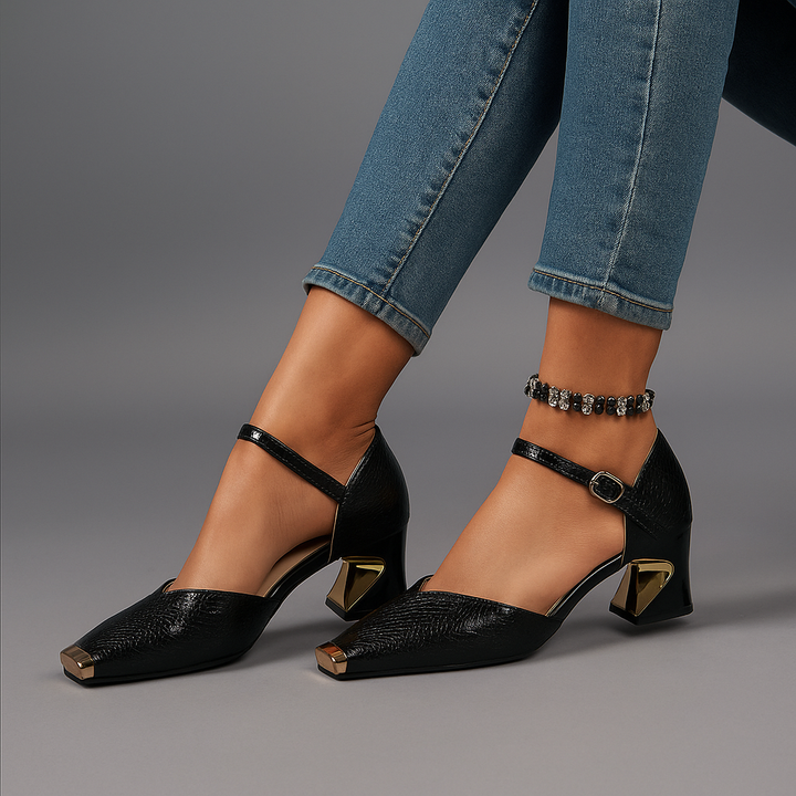 Secure & chic Women's Valencia metal-tip block heels. Croc texture, elegant ankle strap. Perfect dress shoes.