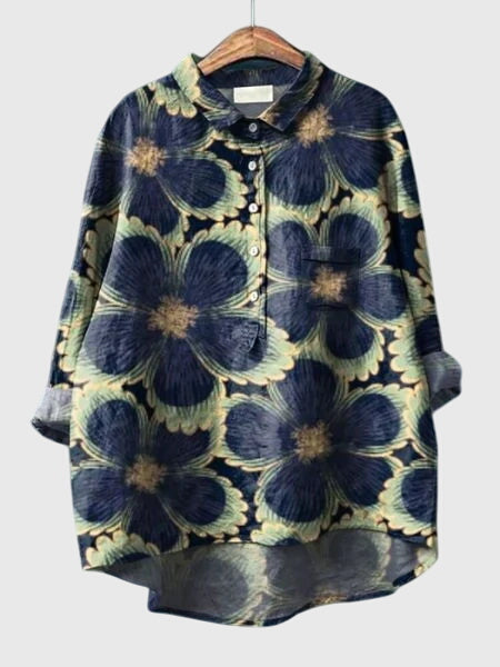 Elegant floral print women's blouse, a chic button-up top for versatile office wear.