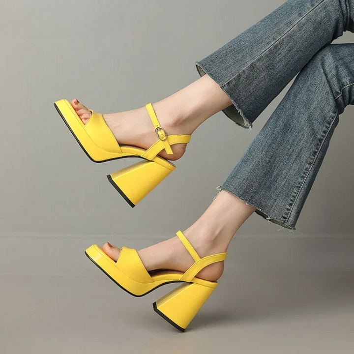 Women's Valetta gloss block heels with elegant ankle strap. Perfect for parties & dress occasions.