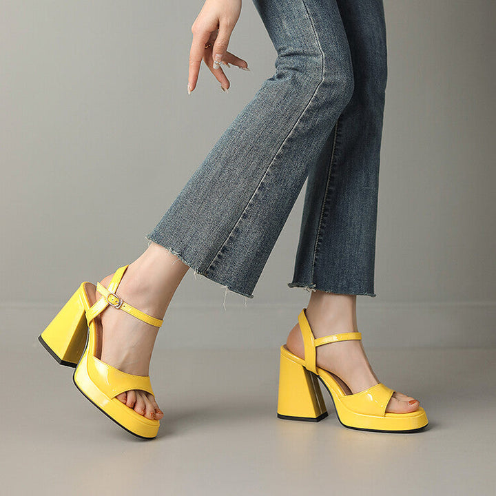 Vibrant Valetta gloss block heels for women. Stylish and comfortable with secure ankle strap.