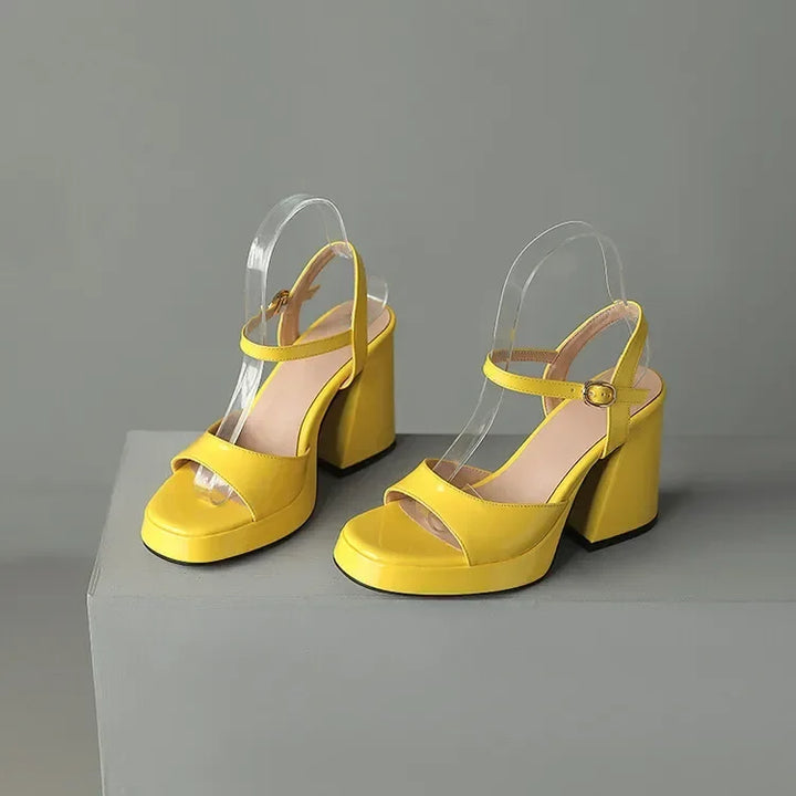 Elegant Valetta women's block heels. Glossy finish & secure ankle strap for confident steps.