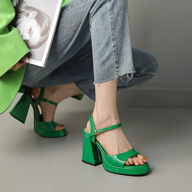 Women's Valetta shiny gloss block heels. Comfortable party heels with a chic ankle strap design.