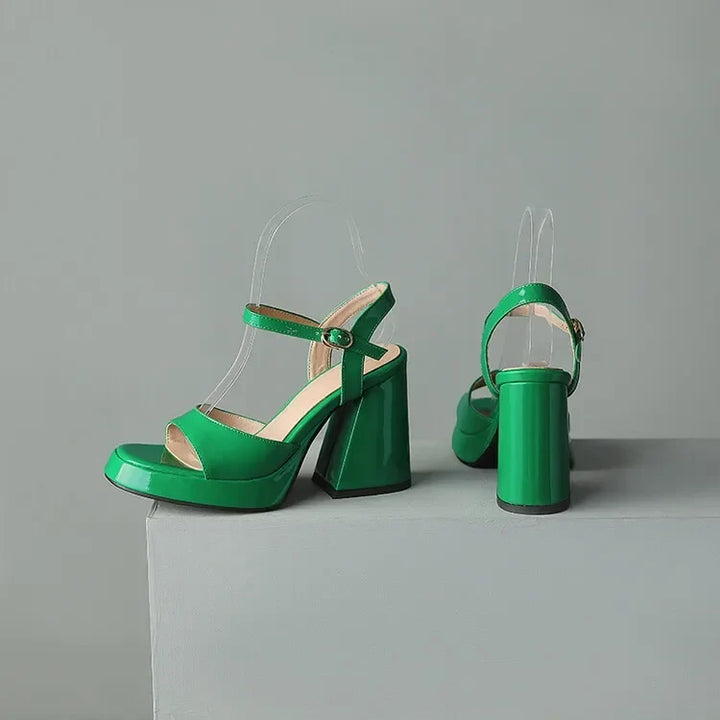Confident steps in Valetta women's gloss block heels. Elegant footwear with a secure ankle strap.
