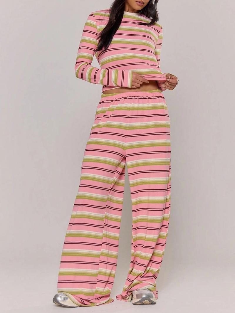 Close-up of women's relaxed fit striped loungewear set in soft knit fabric, perfect for home.