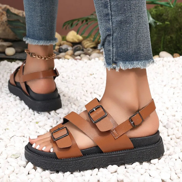 Durable vegan leather women's sandals with excellent arch support and a slip-resistant design for senior comfort.