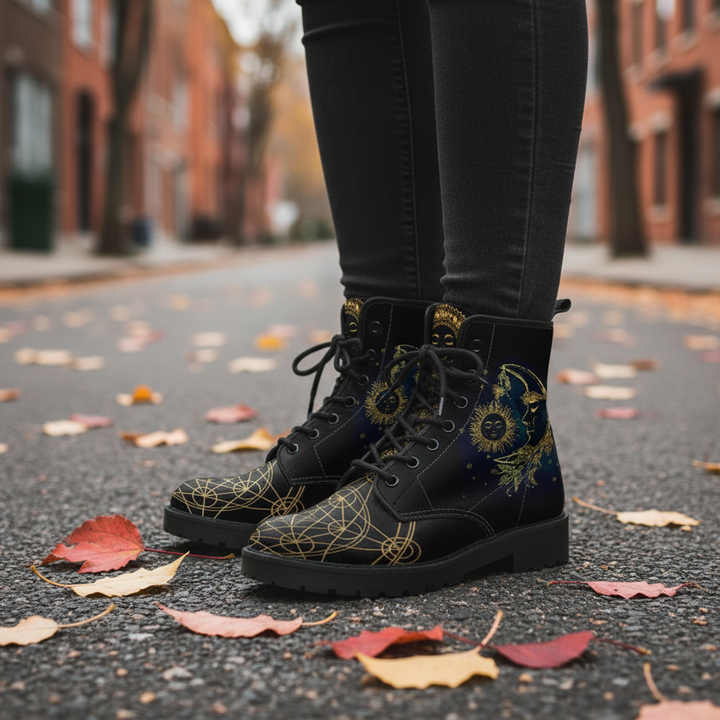 Women's vegan Mystic ankle boots with moon and sun design, waterproof for autumn/winter