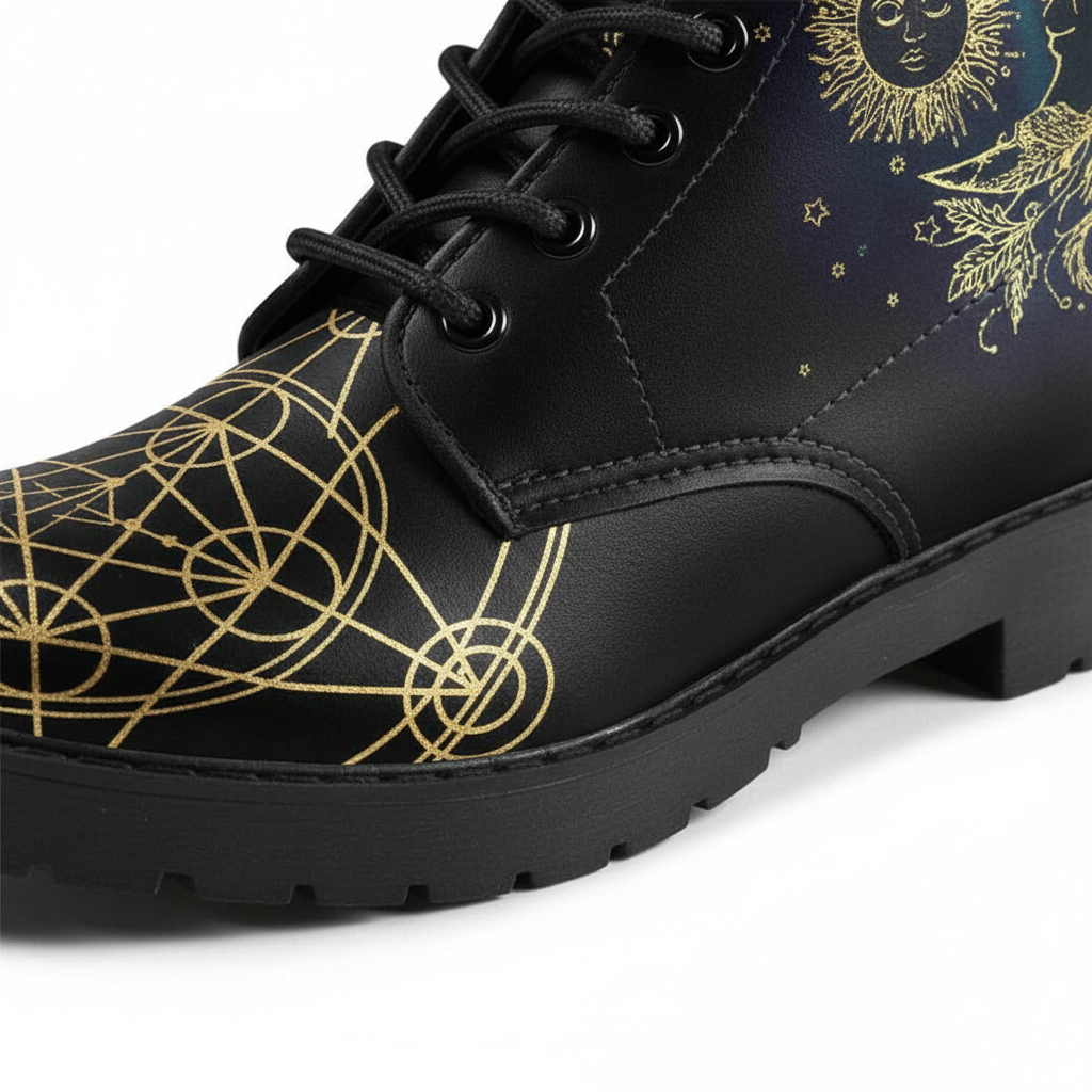 Stylish women's vegan ankle boots, waterproof, featuring a unique Mystic moon and sun design