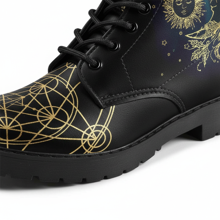 Stylish women's vegan ankle boots, waterproof, featuring a unique Mystic moon and sun design