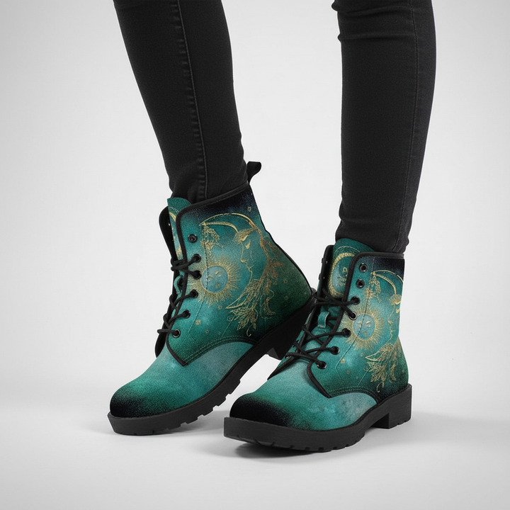 Close-up of Katharina vegan ankle boots for women, showcasing mystic moon sun and anti-slip sole