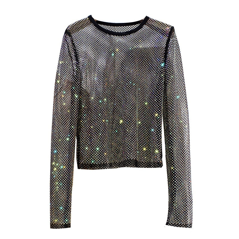 Shiny women's long sleeve evening top with intricate rhinestone embellishments, ideal for party fashion.