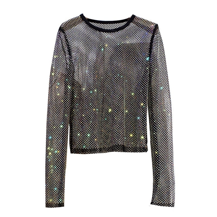 Shiny women's long sleeve evening top with intricate rhinestone embellishments, ideal for party fashion.