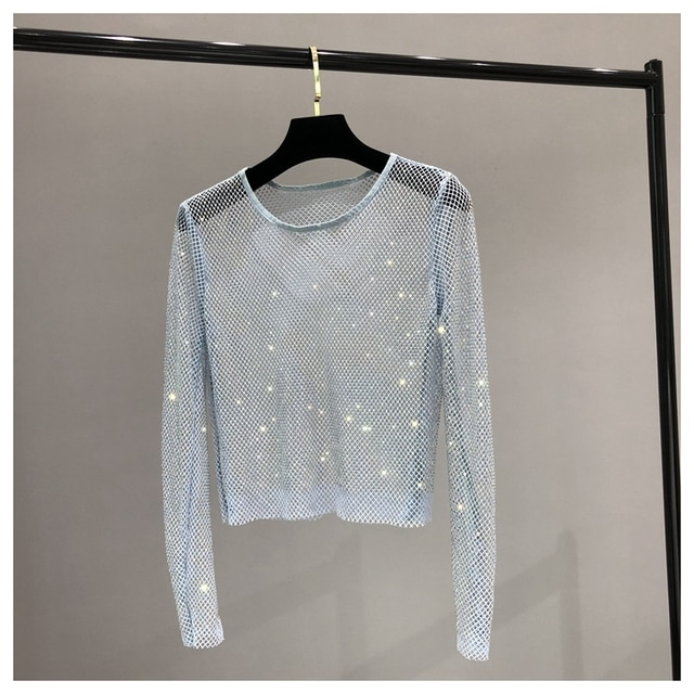 Statement women's long sleeve top, shiny & adorned with sparkling rhinestones for glamorous night out.