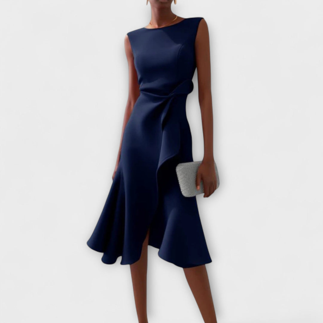 Chic women's asymmetric midi dress, a stylish choice for formal events.