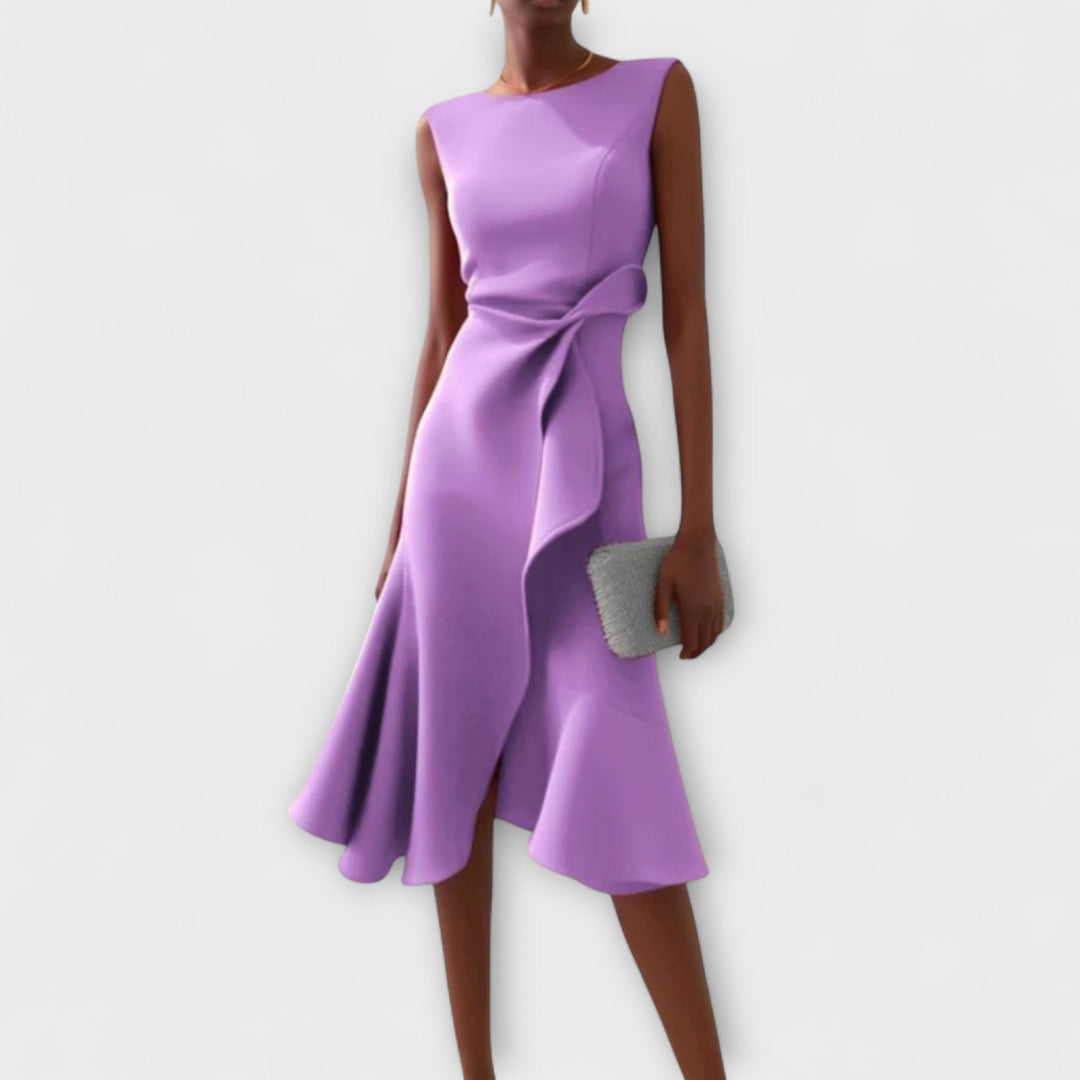 Sophisticated sleeveless asymmetric midi dress, ideal for women's evening wear.