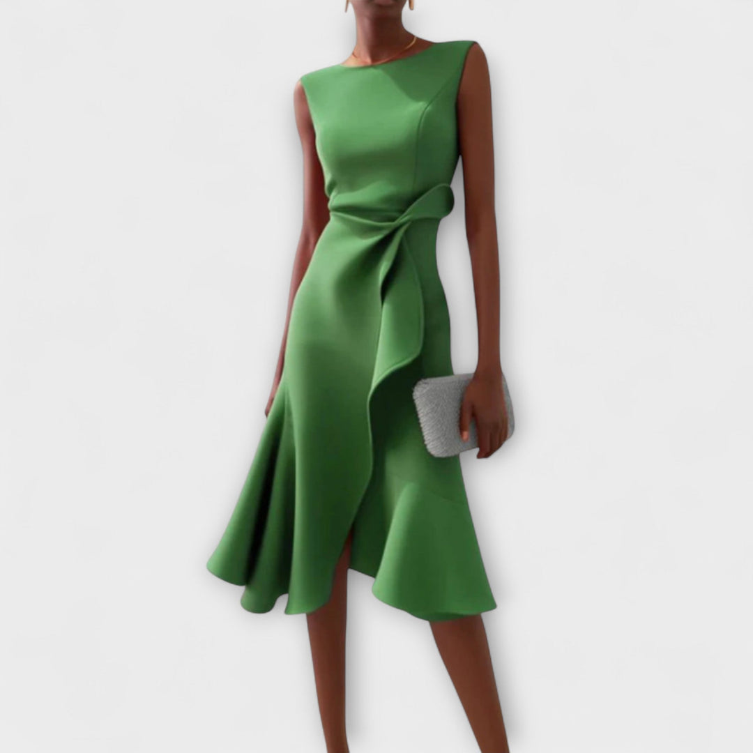Stylish women's asymmetric midi dress, perfect as a versatile occasion dress.