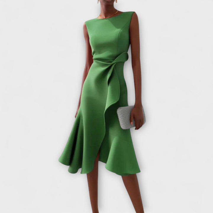 Stylish women's asymmetric midi dress, perfect as a versatile occasion dress.